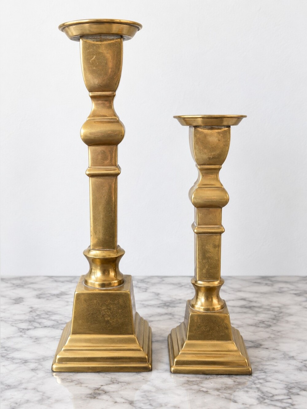 Vintage Brass Taper Candlestick Holders Graduated Pair Architectural Mantel Deco